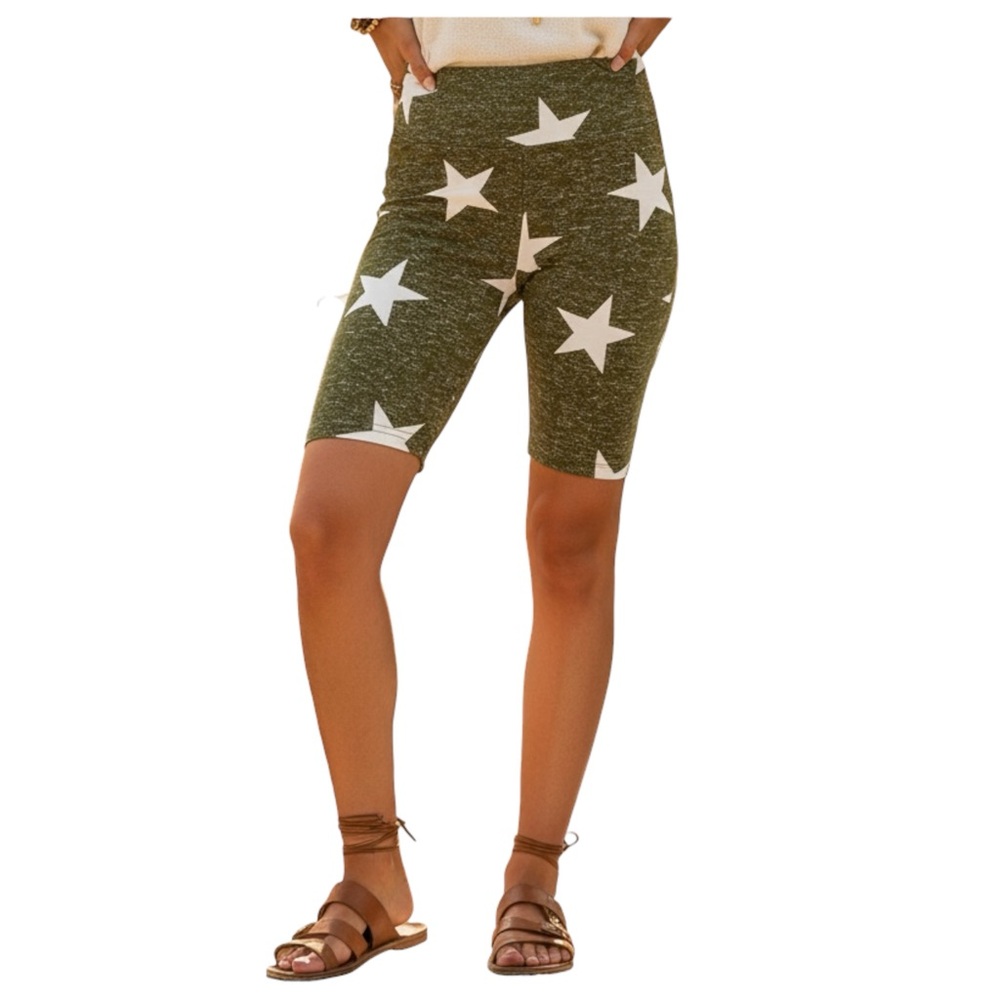 LuLaRoe Biker Shorts Cotton Spandex Blend Fabric • Green with White Stars